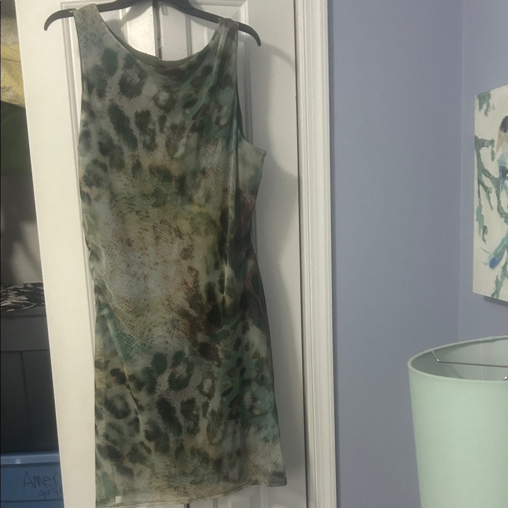 Nicole Miller Green and Brown Animal-Print Mini Dress